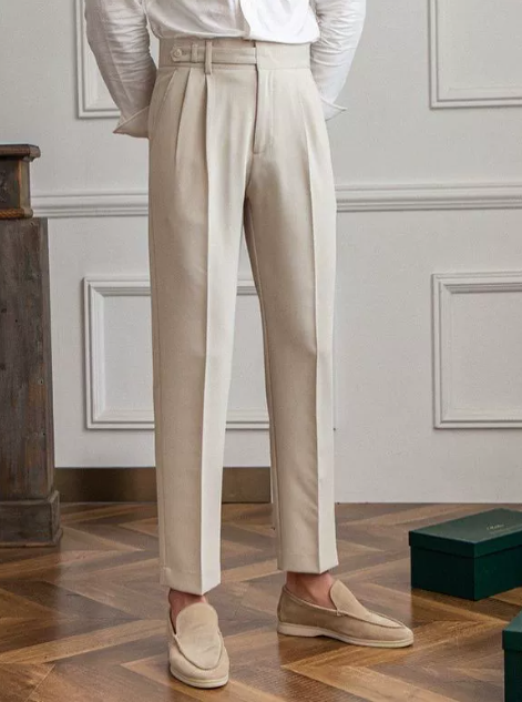 Stylish men's chino trousers with a flat front & straight leg fit, perfect for smart casual office attire or formal events.