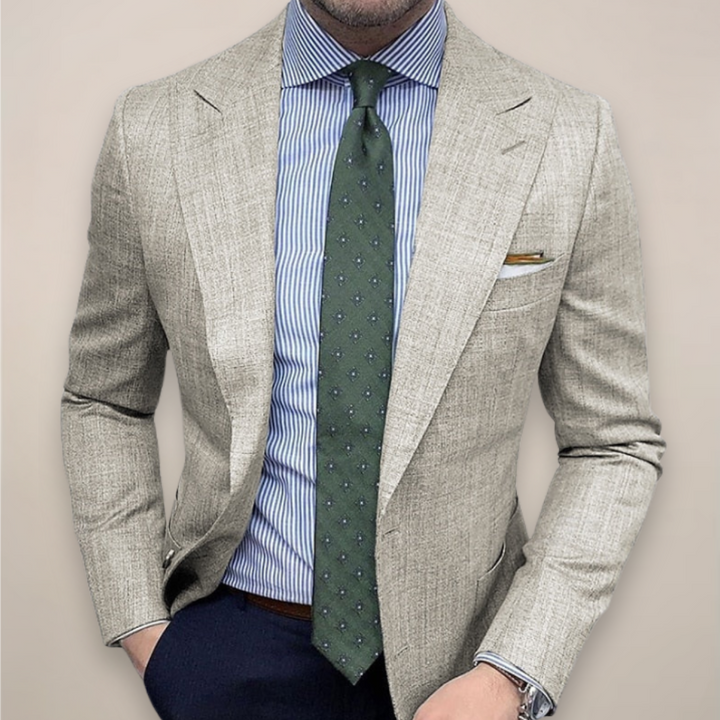 Men's tailored navy textured blazer jacket for smart casual spring outfitting