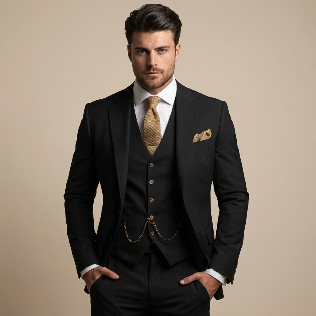 Men's tailored navy three-piece suit set with blazer, waistcoat, and trousers for formal events or business.