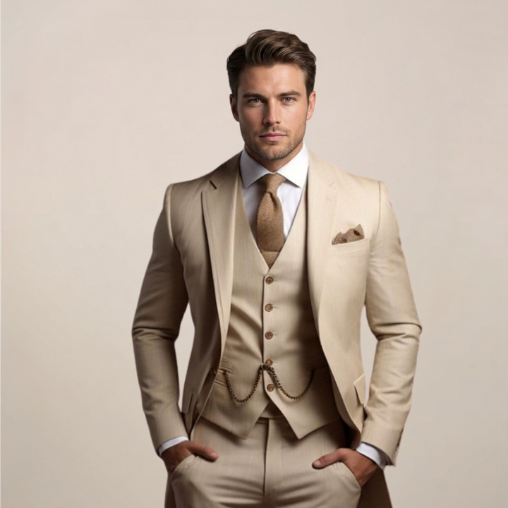 Sophisticated men's formal suit with a fitted blazer, matching waistcoat, and trousers for prom or business.