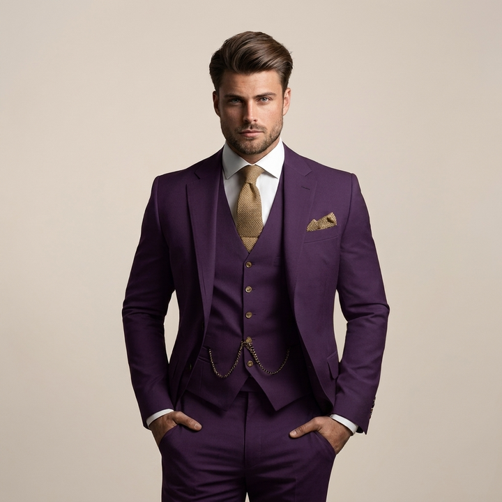 Men's fashion three-piece formal suit set; perfect for business, prom, or weddings. Includes blazer, vest & pants.