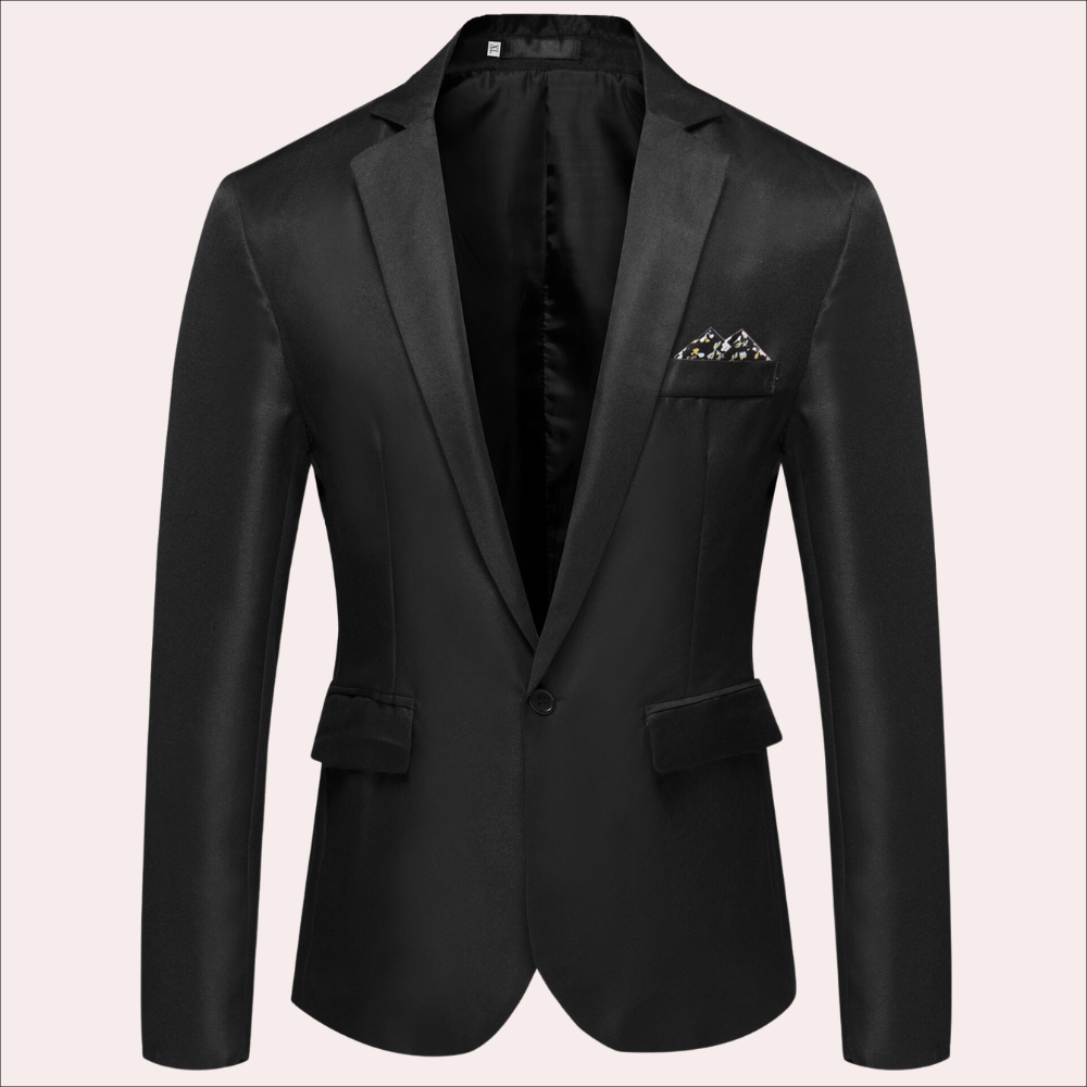 Men's tailored single-breasted suit blazer in classic navy, perfect for formal wear and business attire.