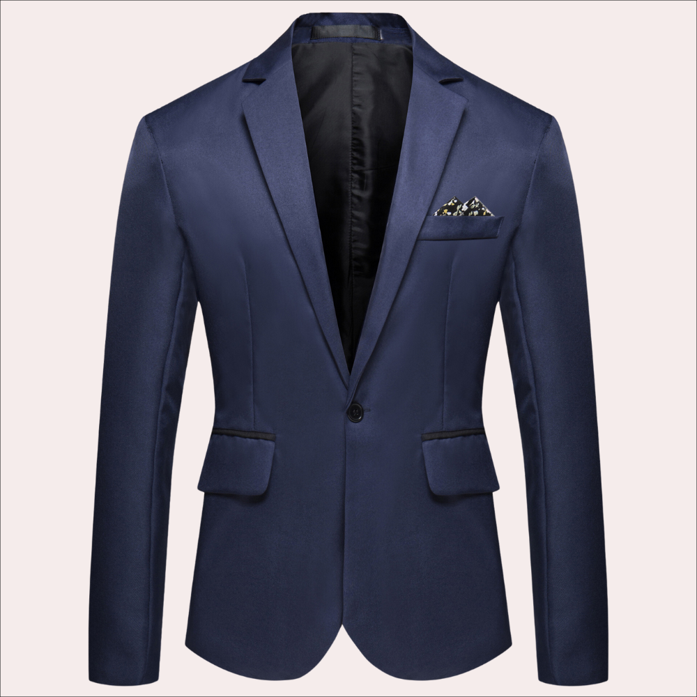 Elegant men's tailored suit jacket, single-breasted, showcasing a sleek design for smart casual or formal events.