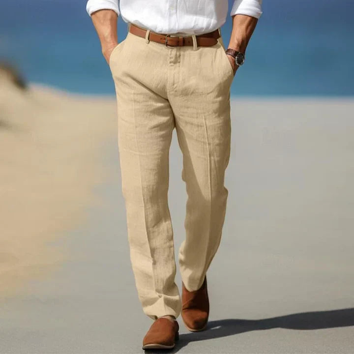 Blue men's tailored casual trousers, combining comfort with a modern slim fit