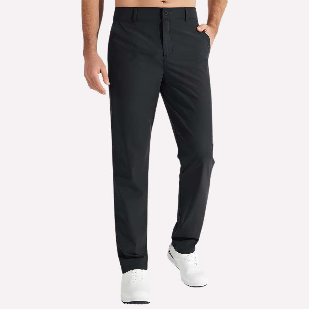 Men's tailored stretch golf trousers in dark grey, ideal for performance and smart casual wear. Quick-dry fabric.