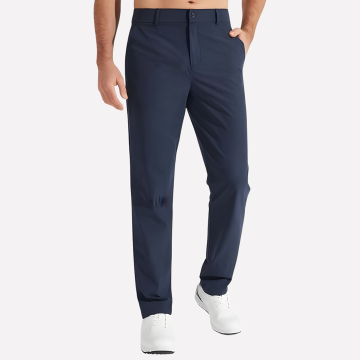 Versatile men's activewear golf trousers, featuring a tailored stretch fit, perfect for the course or smart casual look.
