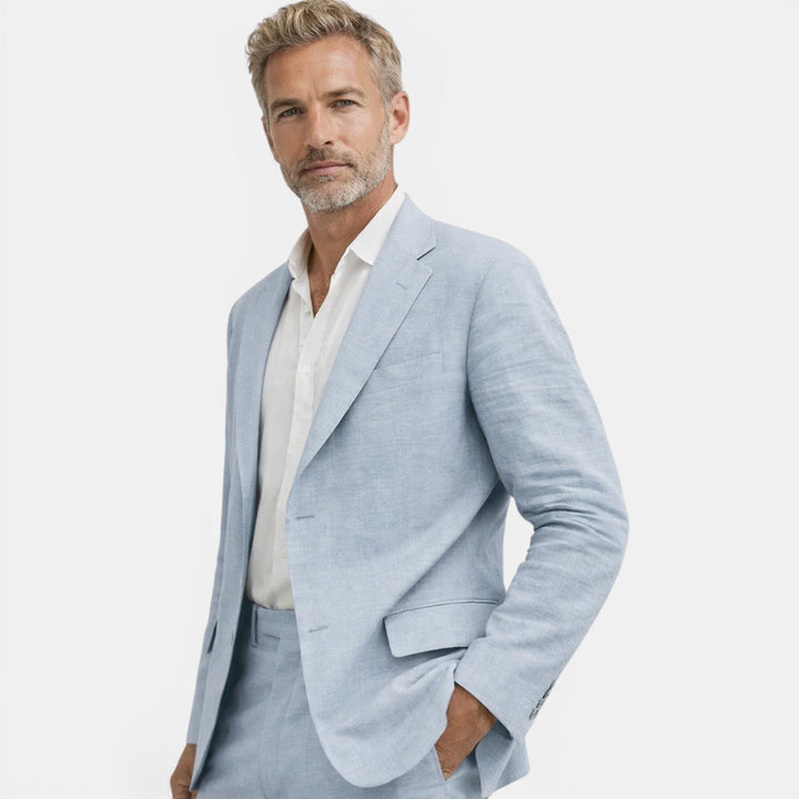 Versatile men's suit with a modern tailored blazer and slim-fit pants, suitable for smart event attire.