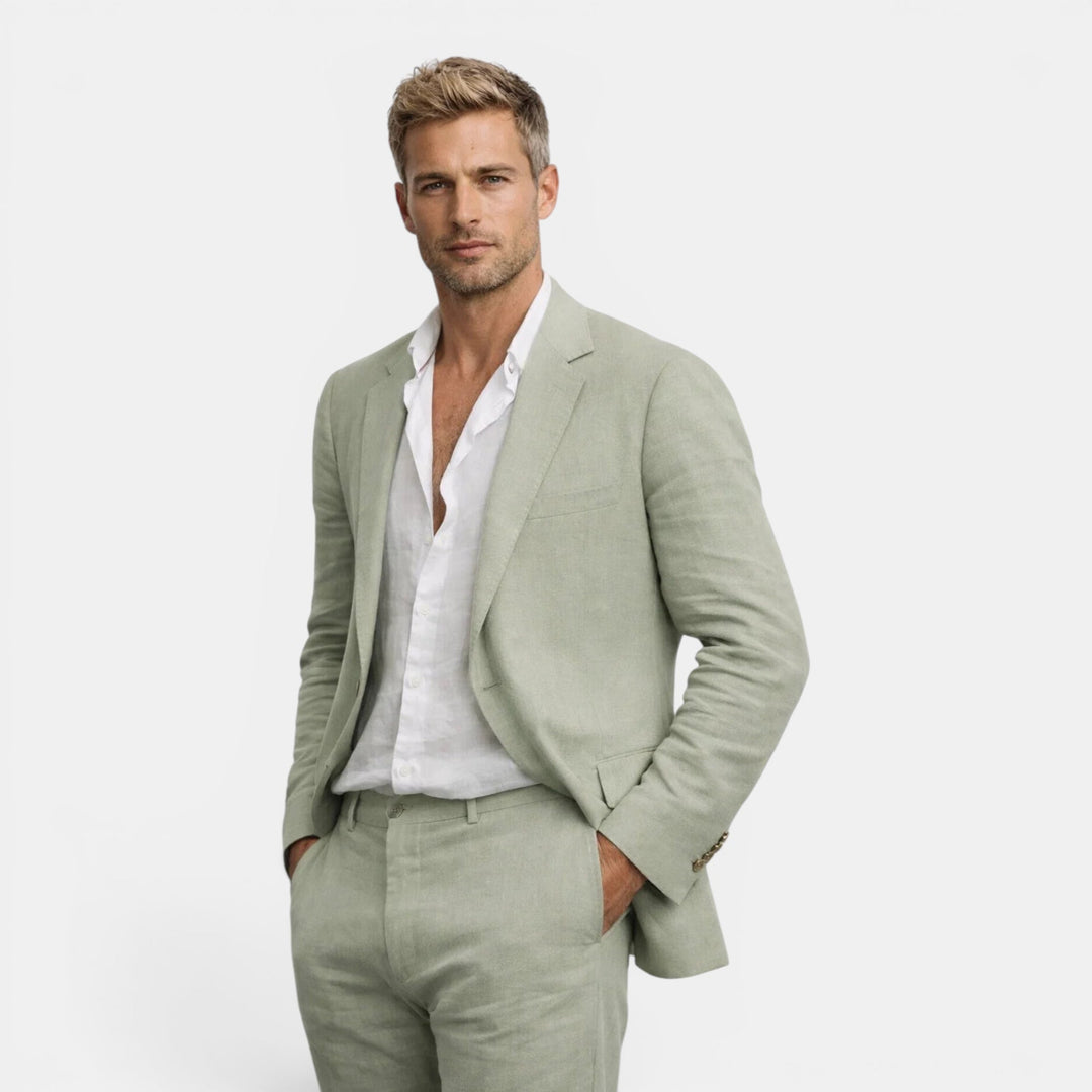 Classic men's tailored suit set, offering casual elegance with a well-fitted blazer & comfortable dress pants.