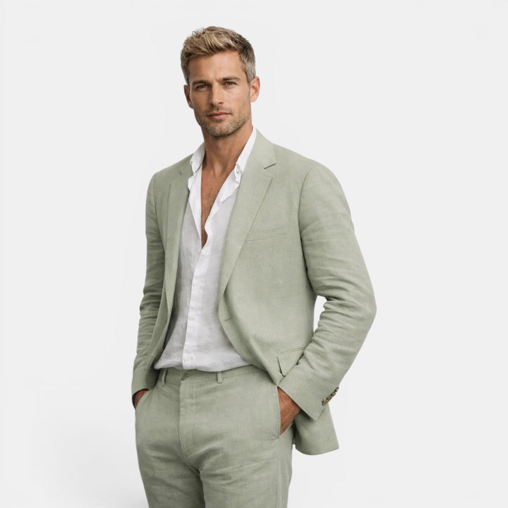 Classic men's tailored suit set, offering casual elegance with a well-fitted blazer & comfortable dress pants.