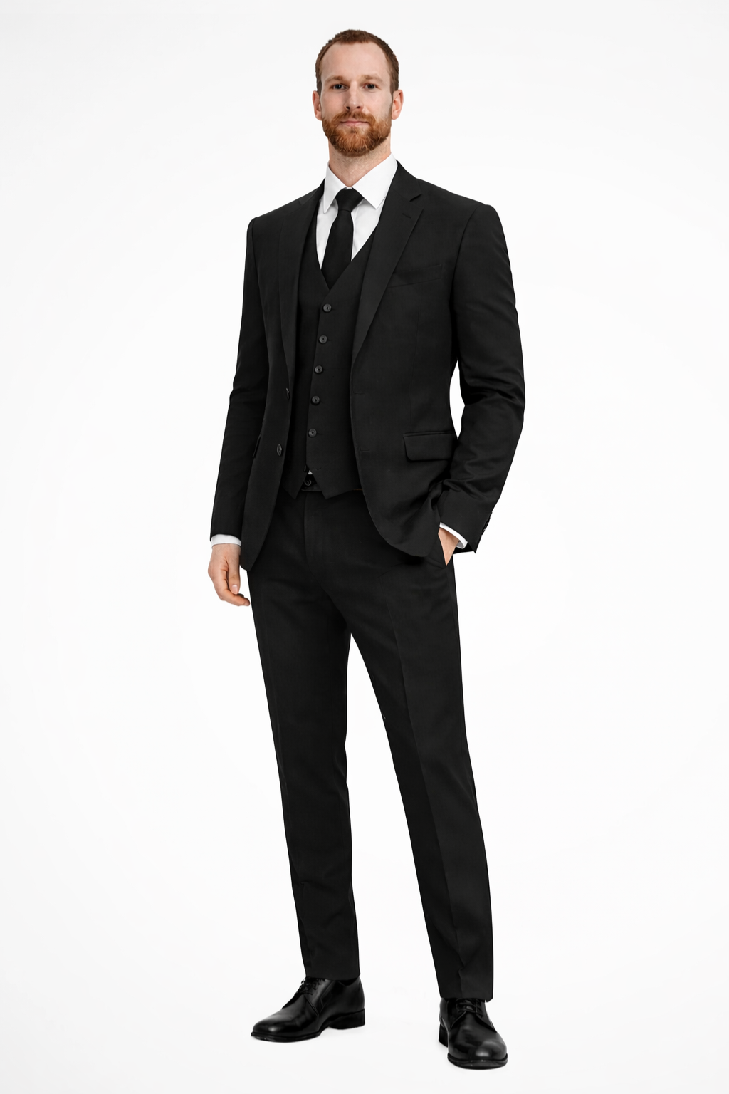 Men's tailored three-piece suit for wedding guests, including blazer, waistcoat & trousers.