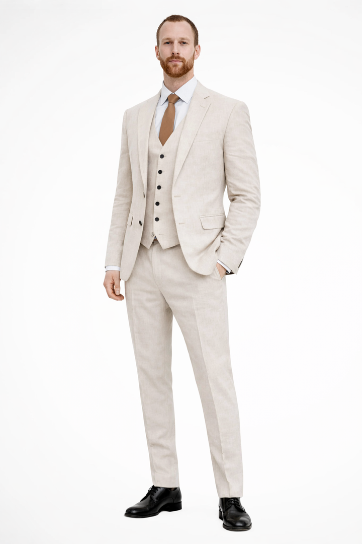 Stylish navy blue men's three-piece suit, perfect formal wear for weddings & special events.