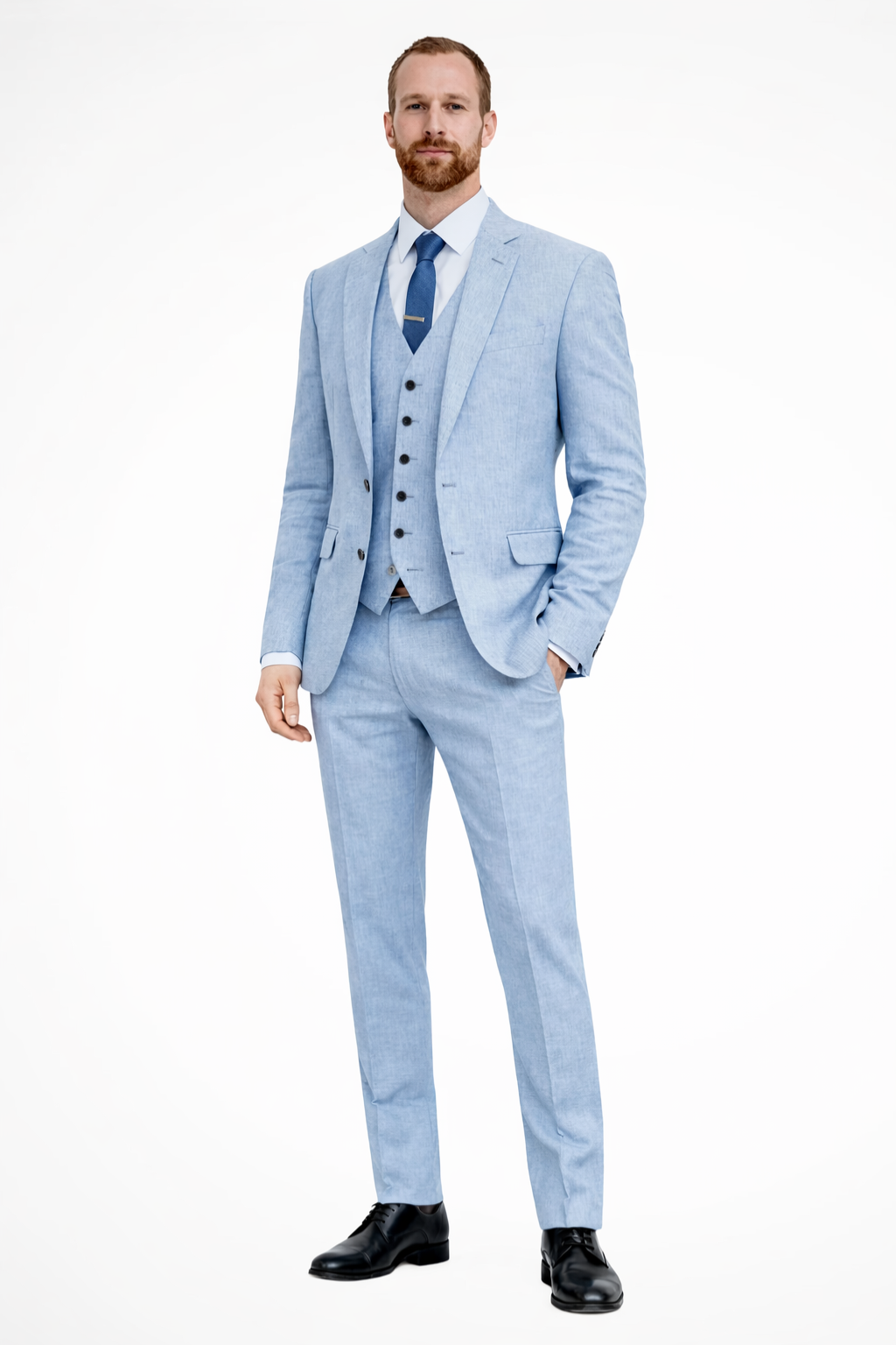 Complete men's three-piece suit set: tailored blazer, matching waistcoat, and trousers for formal events.