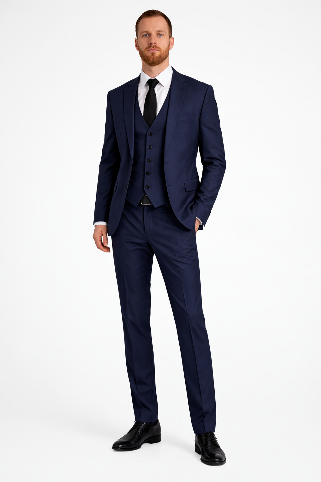 Well-fitted men's three-piece suit, a sophisticated choice for wedding guests & formal event attire.