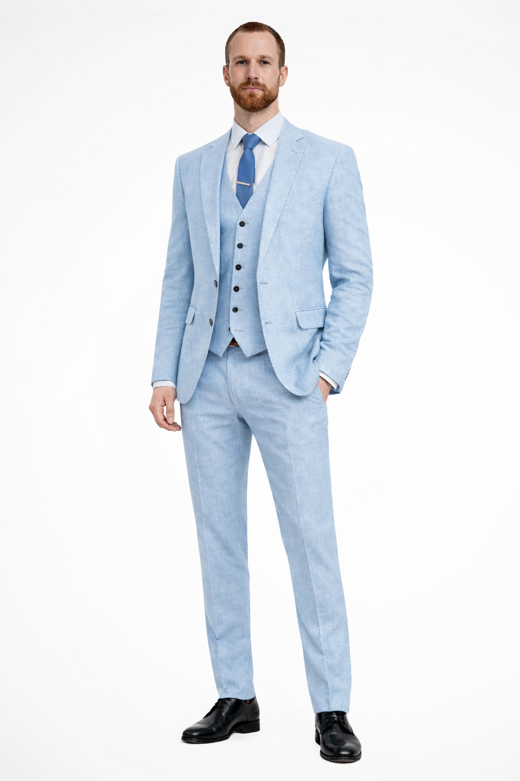 Full length view of a men's three-piece wedding suit, a classic formal wear option for menswear.