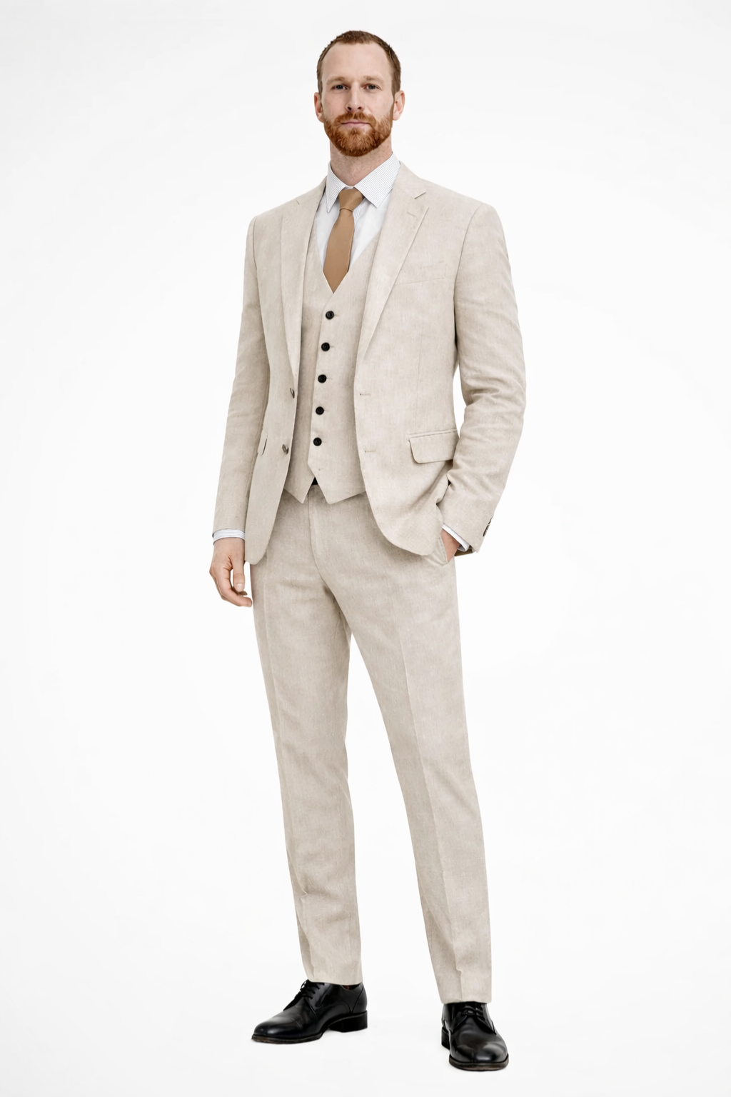 Men's three-piece suit with visible waistcoat, ideal formal wear for wedding guests & events.