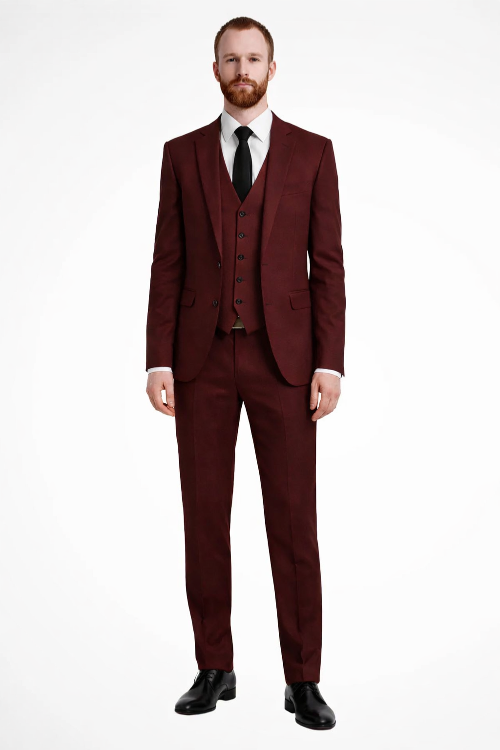 Classic men's three-piece suit for formal events & weddings, includes blazer, waistcoat & trousers.