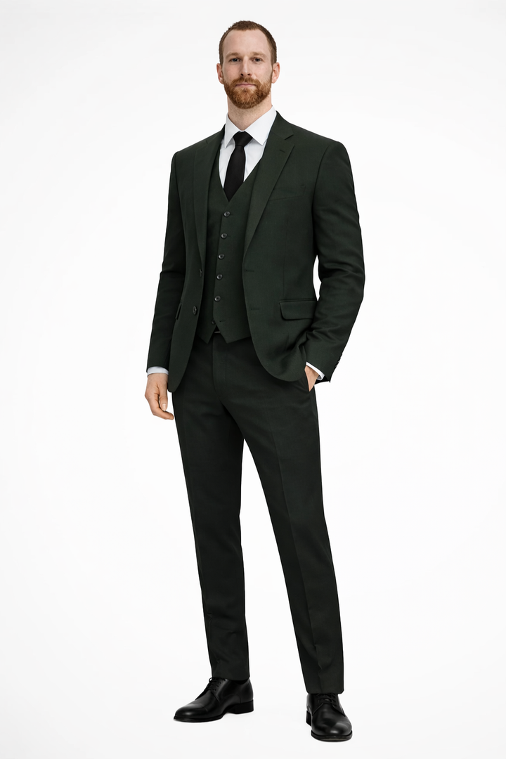 High-quality men's tailored suit, a three-piece set for sophisticated wedding guest attire.