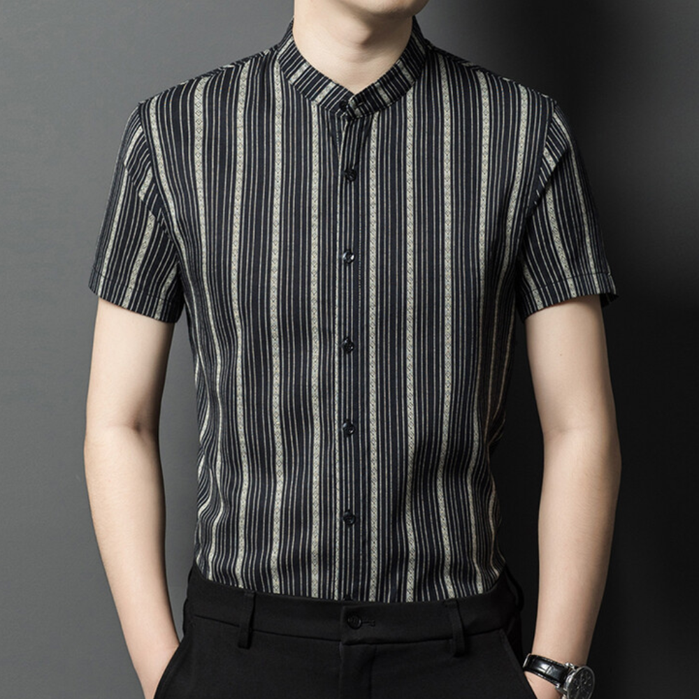 Men's tailored vertical stripe short sleeve button-up shirt in a smart casual summer style, perfect for men's fashion.