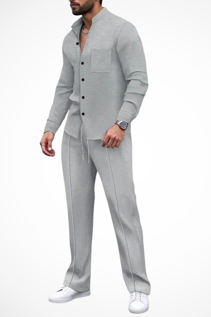 Complete men's outfit: textured long sleeve button shirt & relaxed fit drawstring trousers set.