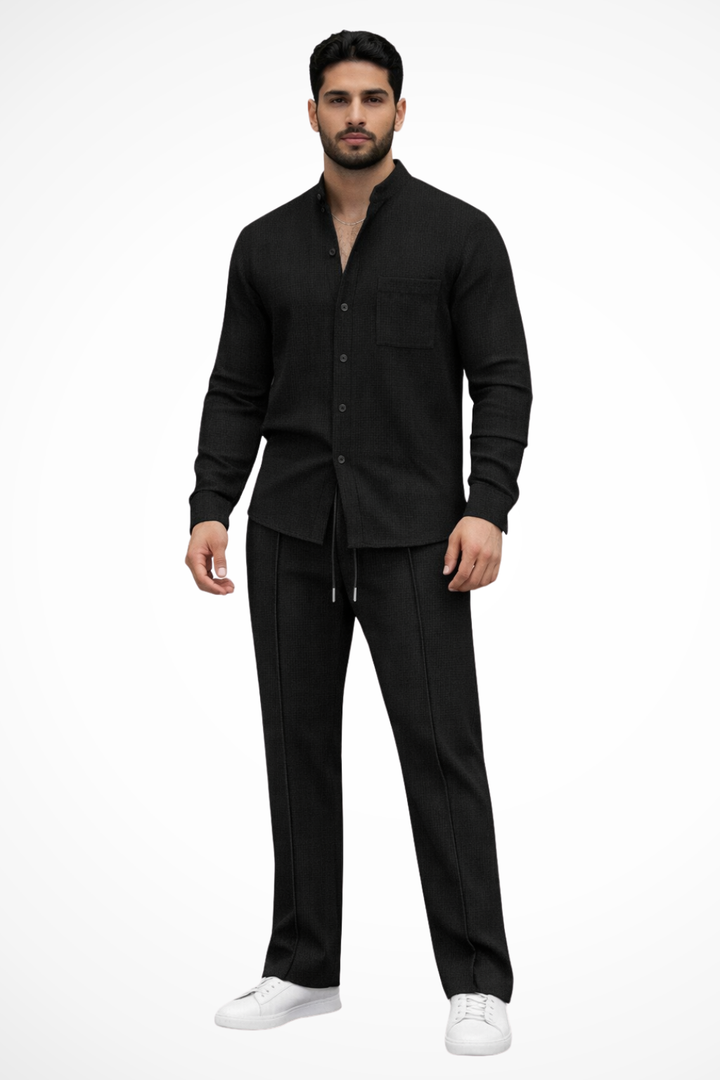 Men's stylish two-piece set featuring a textured button shirt & comfortable, coordinated trousers.