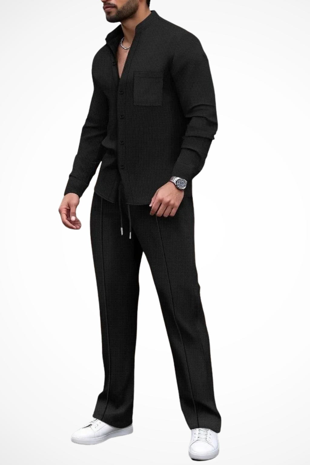 Casual men's textured long sleeve shirt & drawstring trousers. A relaxed fit complete outfit set.