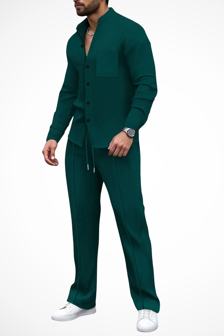 Coordinated men's fashion two-piece set: textured long sleeve shirt & drawstring pants.