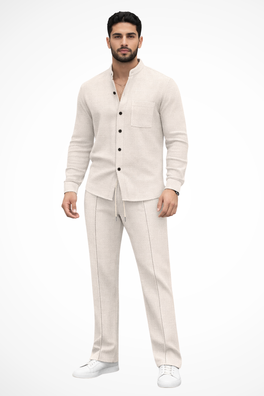 Two-piece men's set: textured long sleeve button shirt & comfortable trousers. Men's style.