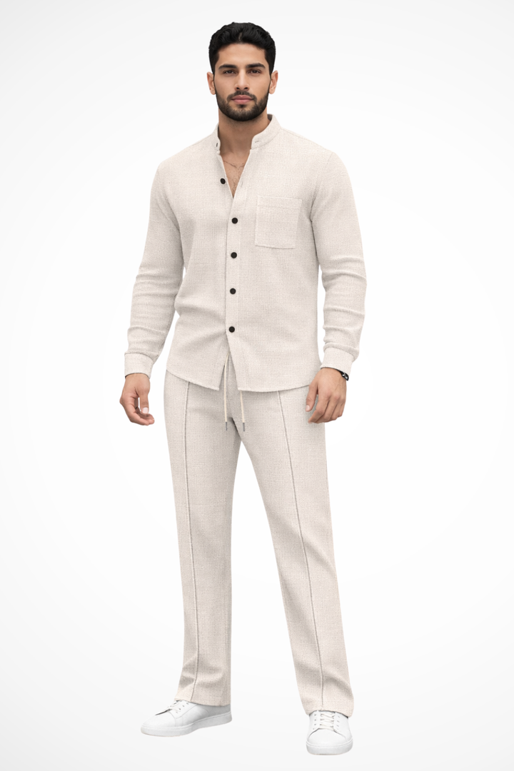 Two-piece men's set: textured long sleeve button shirt & comfortable trousers. Men's style.