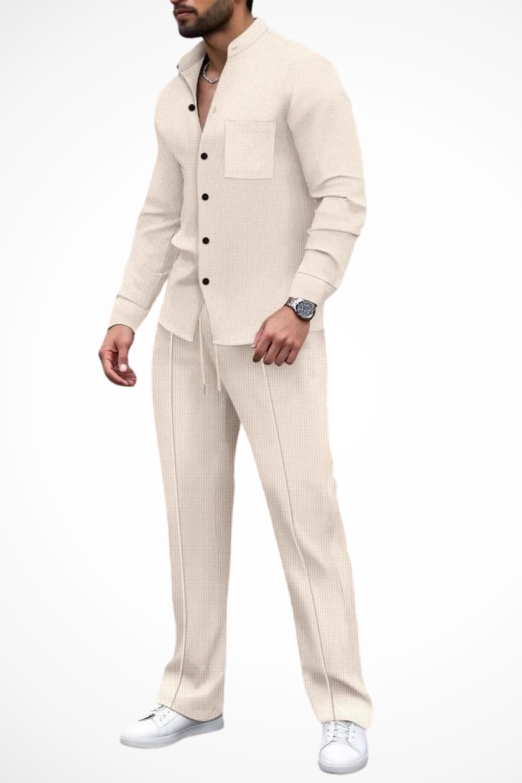 Fashionable men's coordinated outfit. Textured design shirt & matching trousers set.