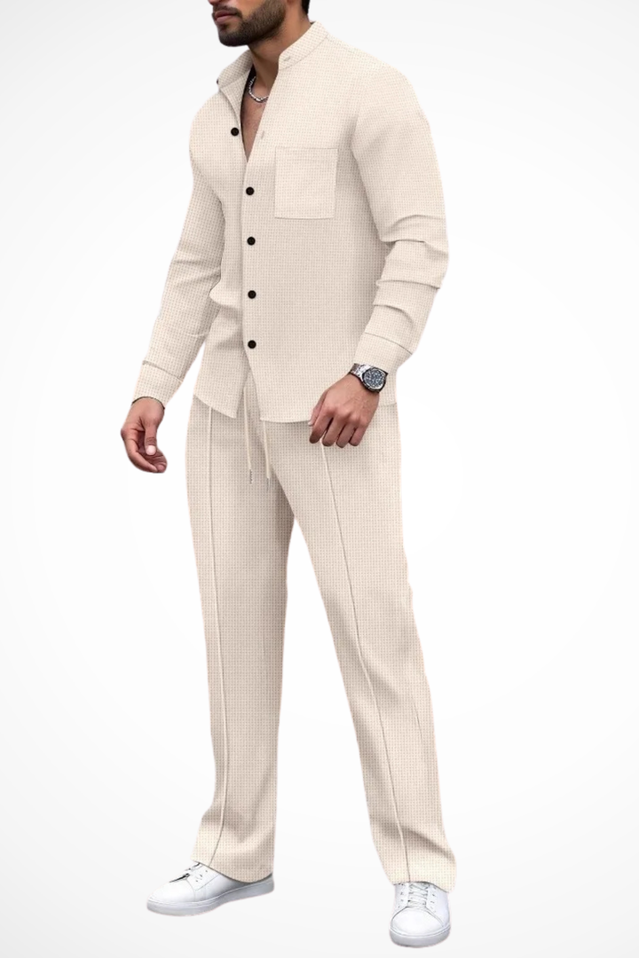 Fashionable men's coordinated outfit. Textured design shirt & matching trousers set.