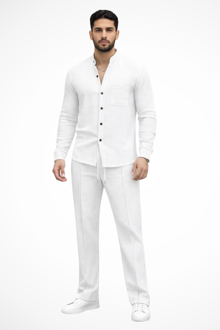 Men's button-up textured shirt & casual drawstring trousers. A complete 2-piece stylish outfit.