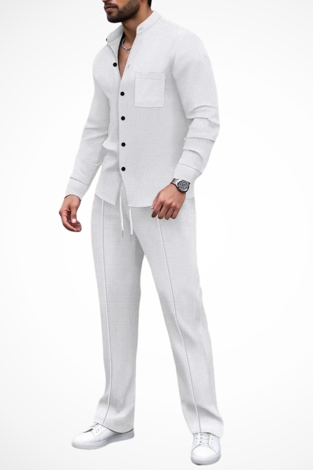 Relaxed fit men's casual two-piece set with a textured long sleeve shirt & comfortable pants.