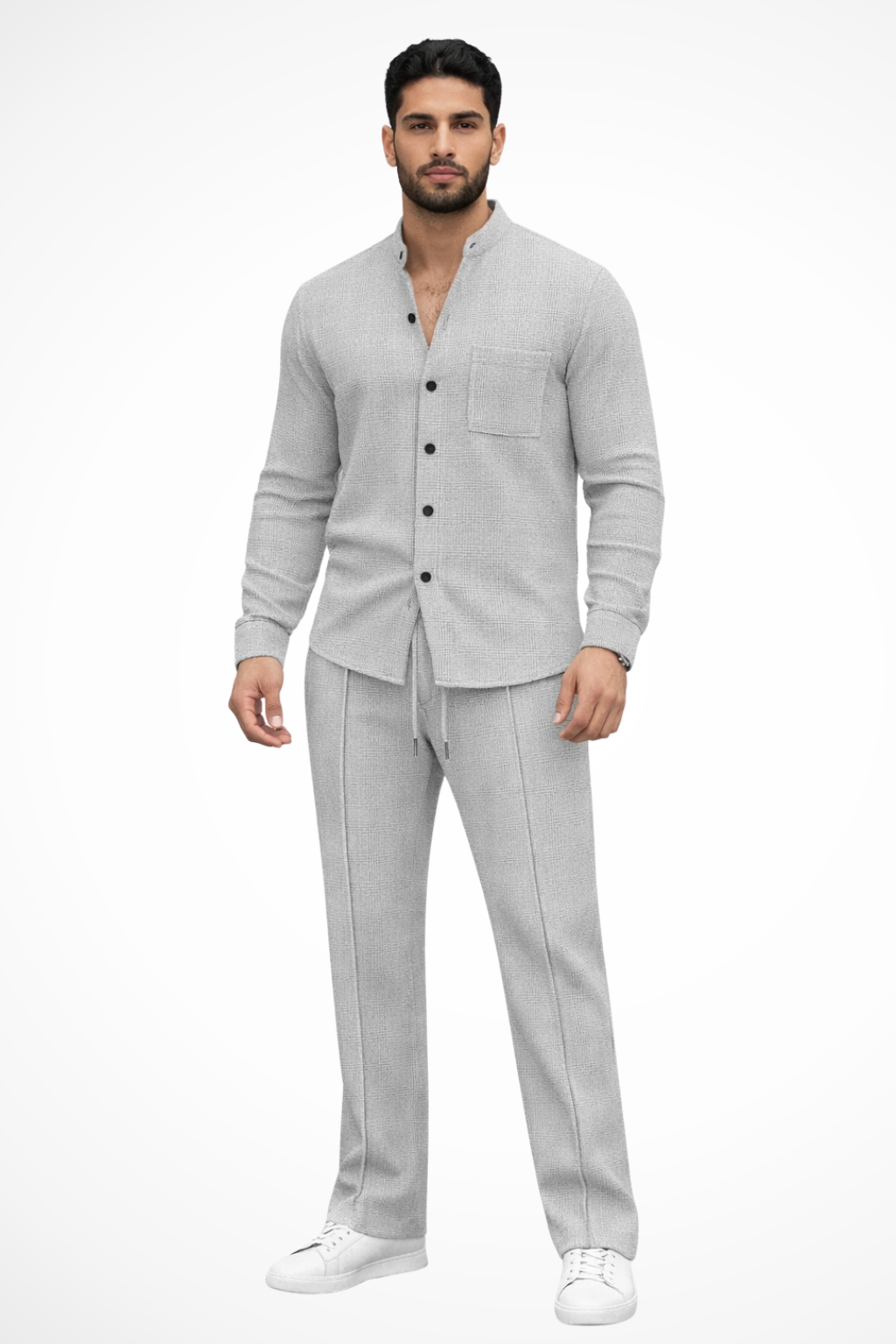 Men's fashion textured button shirt & trousers set. Perfect for stylish, coordinated casual wear.