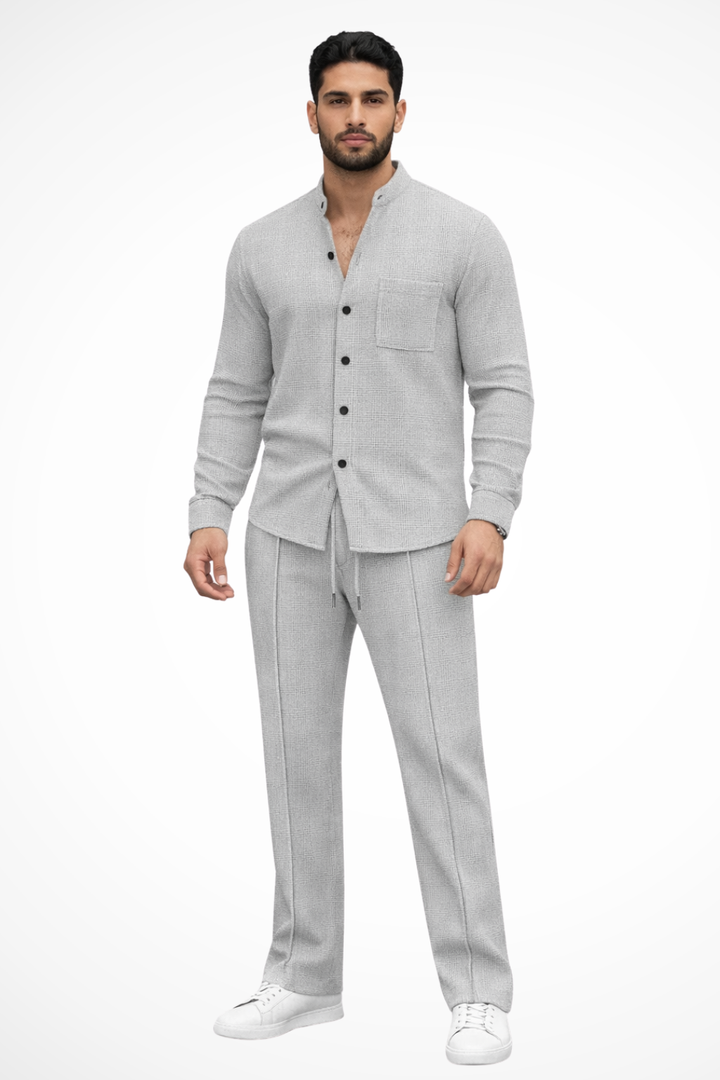 Men's fashion textured button shirt & trousers set. Perfect for stylish, coordinated casual wear.
