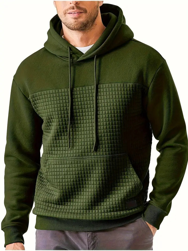 Men's textured grid hooded sweatshirt with drawstring, casual street style apparel