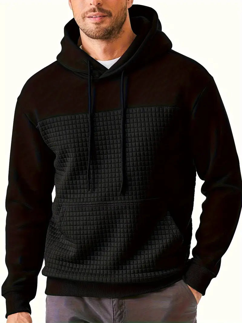 Close-up of textured grid pattern on a men's versatile long sleeve hoodie