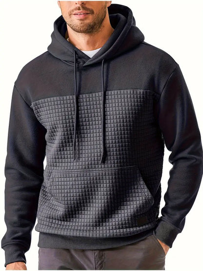 Front view of a men's comfortable pullover hoodie with aesthetic grid texture