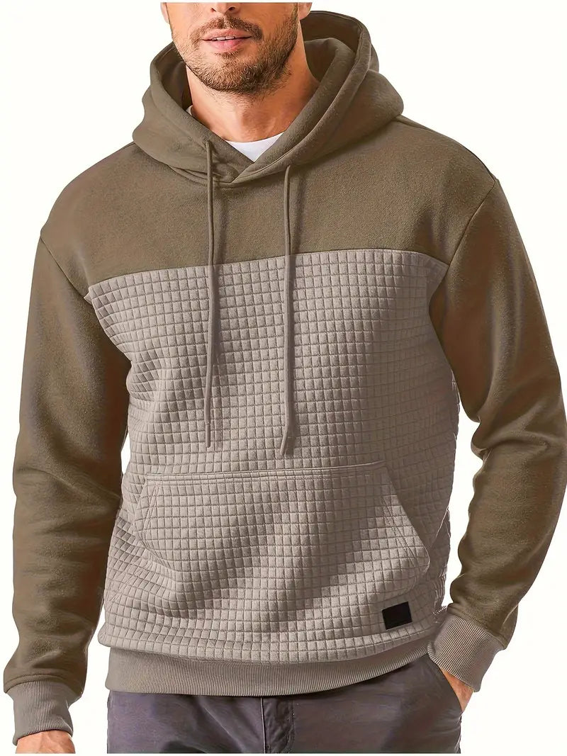 Stylish men's fashion: grey textured grid hoodie, comfortable pullover design