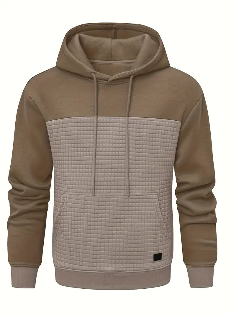 Close-up of hood and drawstring on a men's aesthetic textured grid pullover