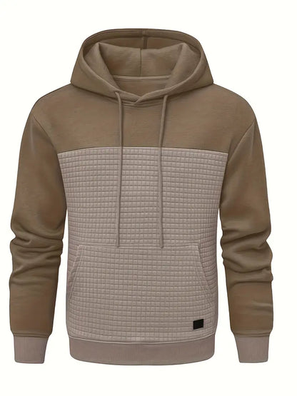 Close-up of hood and drawstring on a men's aesthetic textured grid pullover