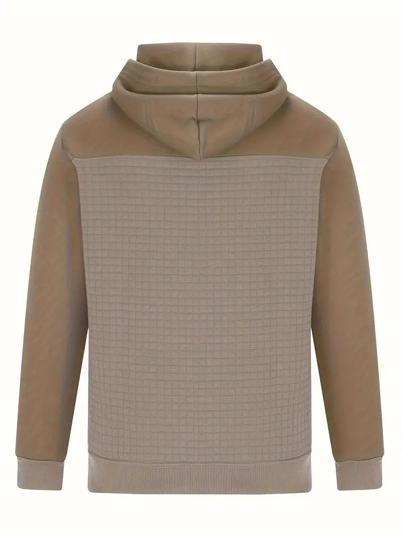Back view of men's textured grid hooded sweatshirt, showcasing the pattern