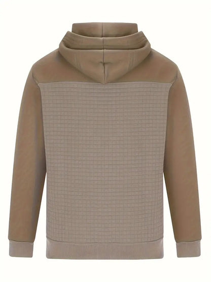 Back view of men's textured grid hooded sweatshirt, showcasing the pattern
