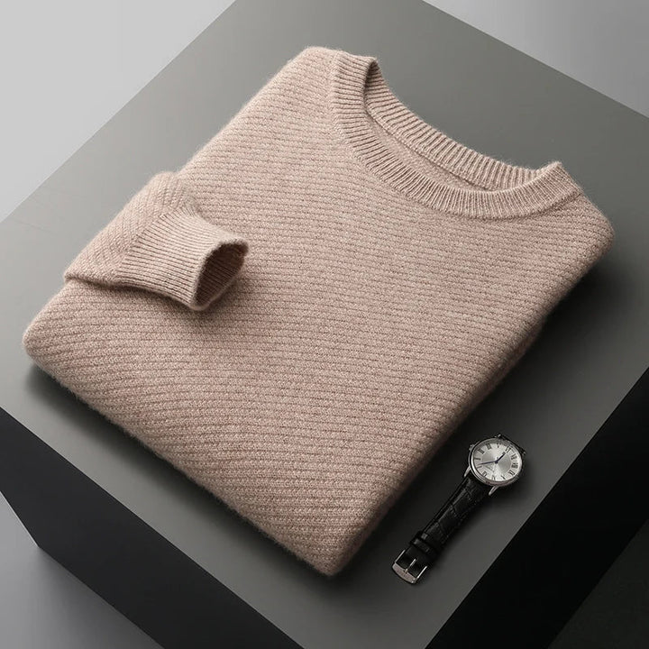 Versatile men's fashion: a cozy textured knit crew neck sweater for fall and winter wear.