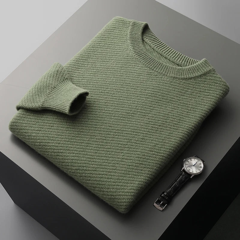 Soft men's crew neck sweater with intricate textured knit pattern, ideal for daily casual wear.