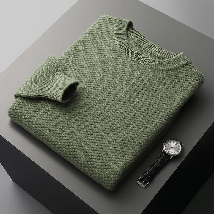 Soft men's crew neck sweater with intricate textured knit pattern, ideal for daily casual wear.