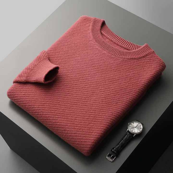 Warm men's fall fashion: a comfortable textured knit crew neck pullover with long sleeves.