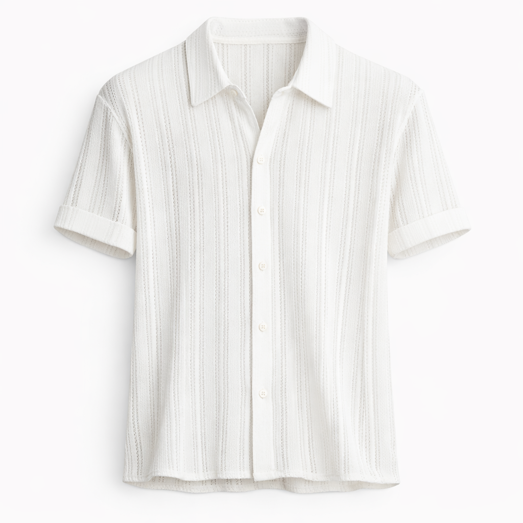 Khaki men's vertical stripe knit polo. Stylish and breathable short sleeve summer top, perfect for smart casual.