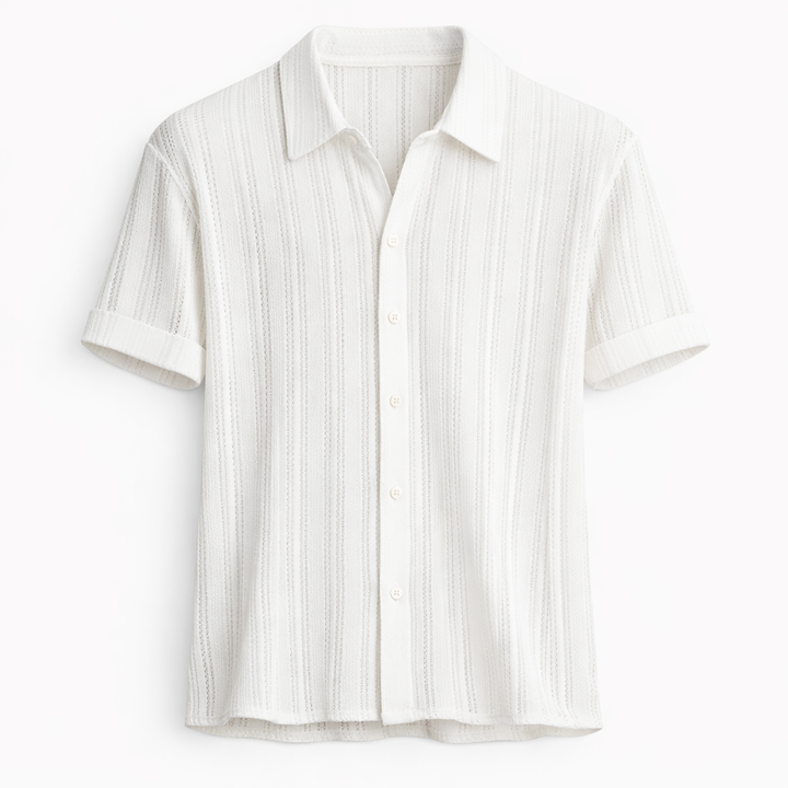Khaki men's vertical stripe knit polo. Stylish and breathable short sleeve summer top, perfect for smart casual.