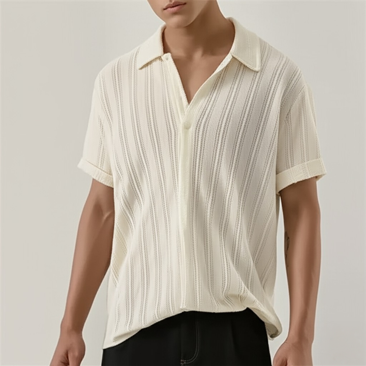 Black men's textured knit polo shirt with subtle vertical stripes. A versatile smart casual short sleeve summer top.