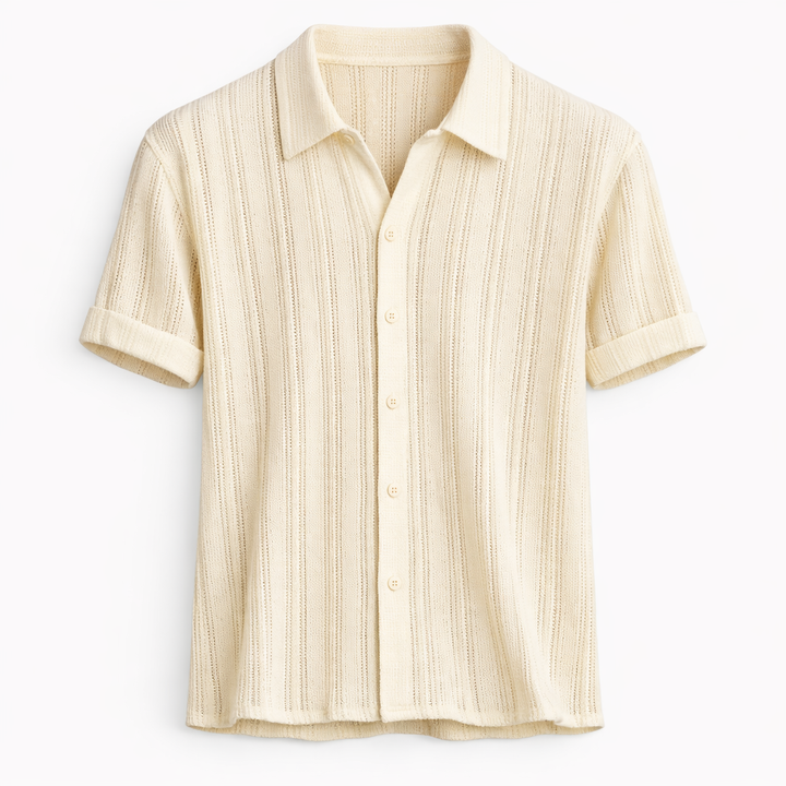 Off-white men's knit polo shirt featuring vertical stripes & textured fabric. Breathable summer top for comfort.